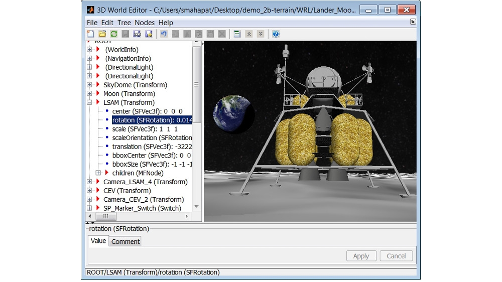3D World Editor показывает иерархический вид в стиле дерева (слева) и предварительный просмотр сцены компонентов лунного модуля (справа)